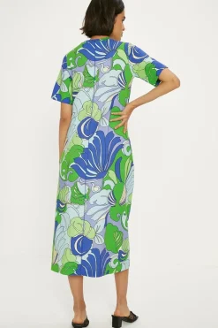 Cotton Leafy Floral Seam Detail Midi Trapeze Dress