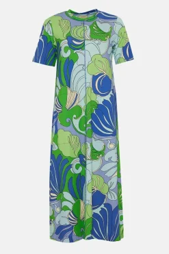 Cotton Leafy Floral Seam Detail Midi Trapeze Dress