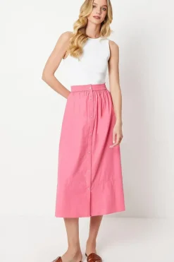 Cotton Poplin Button Through Midi Skirt