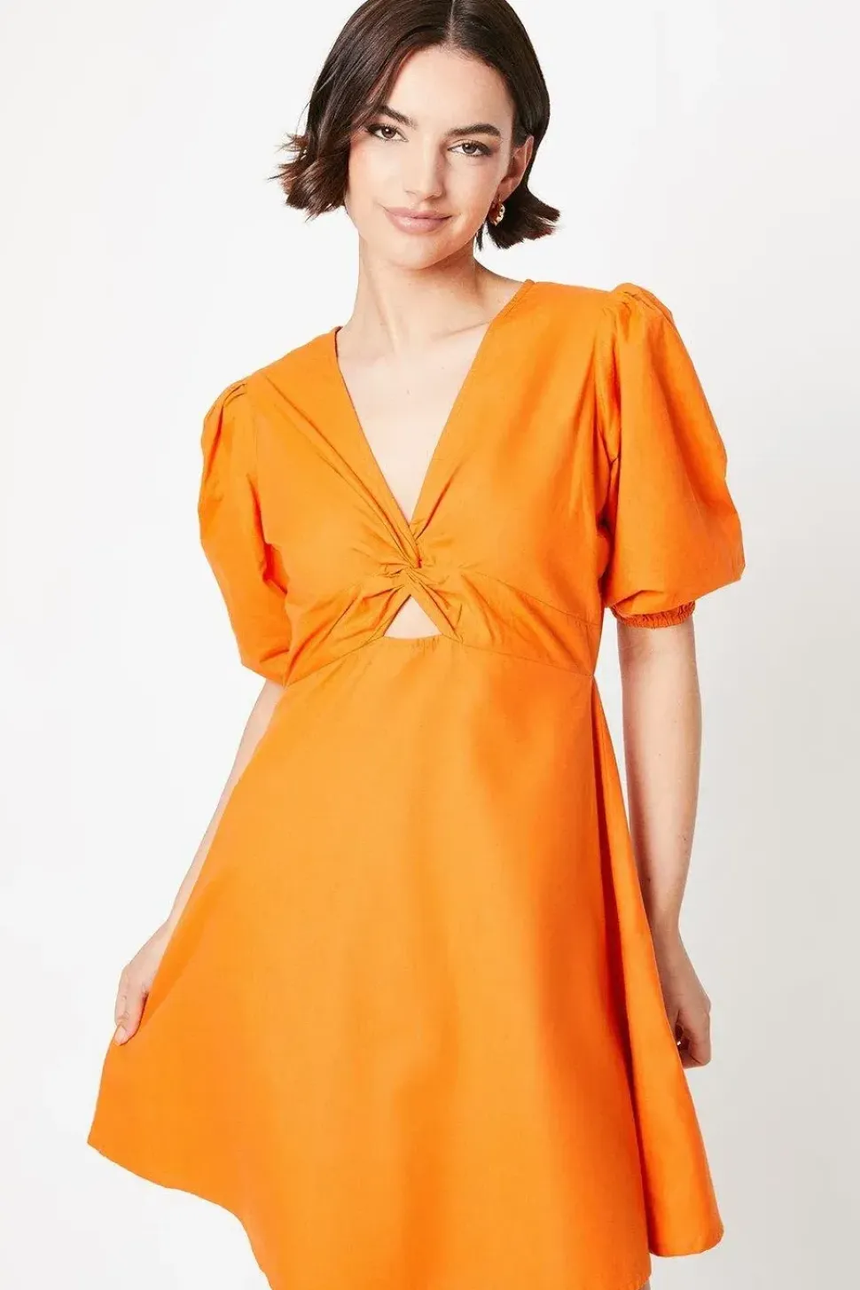Cotton Poplin Knot Front Puff Sleeve Mini Dress