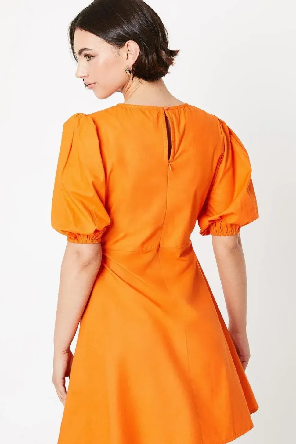 Cotton Poplin Knot Front Puff Sleeve Mini Dress