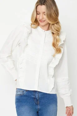 Cotton Poplin Pintuck Lace Trim Button Through Top