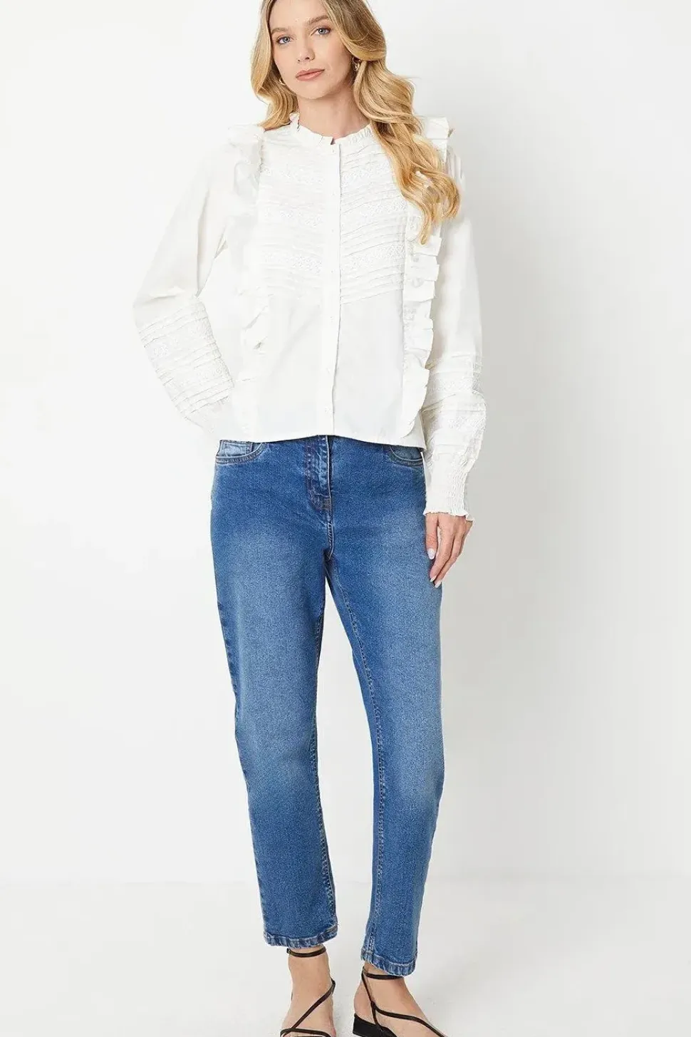 Cotton Poplin Pintuck Lace Trim Button Through Top