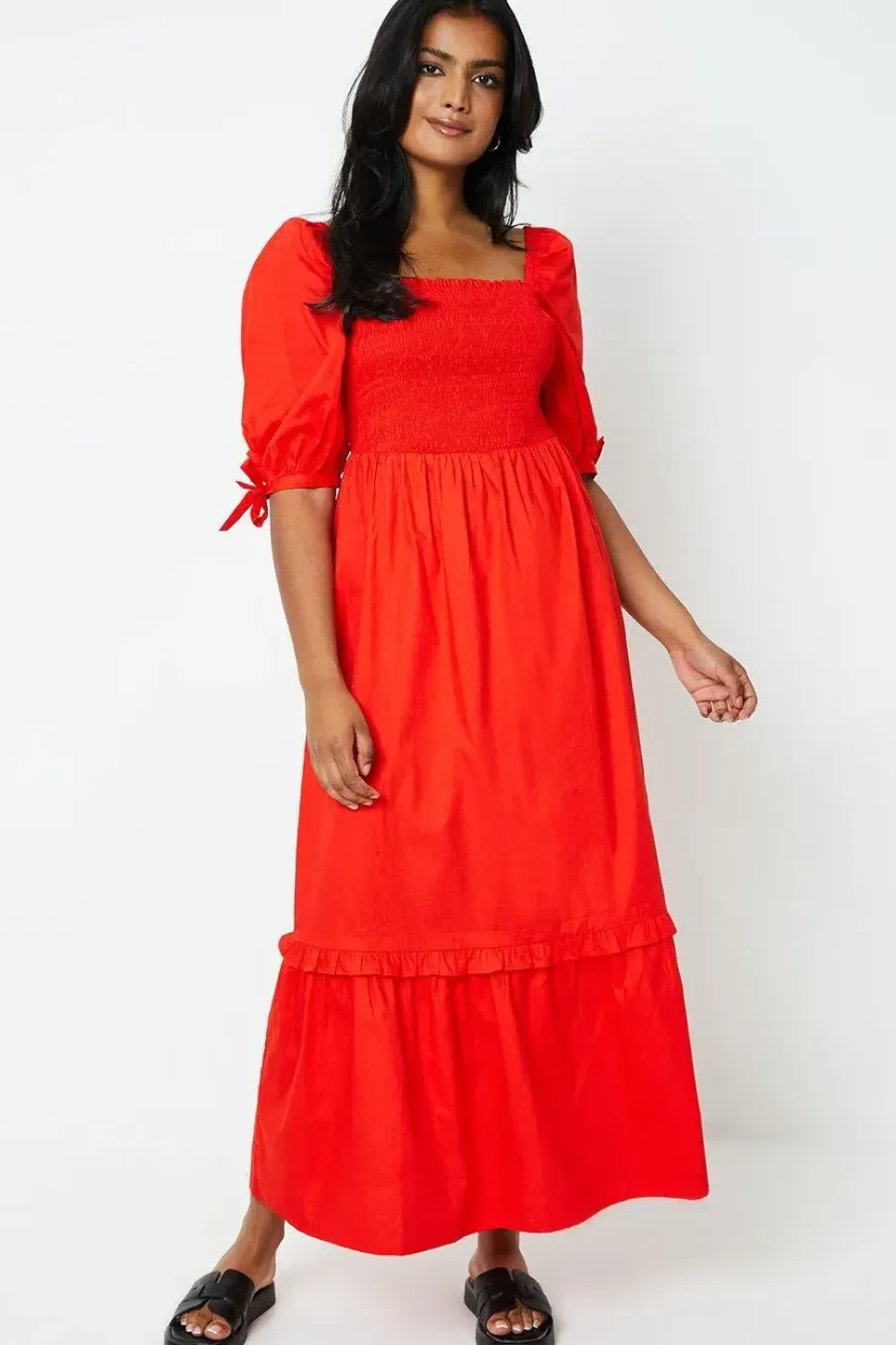 Cotton Poplin Shirred Midi Dress