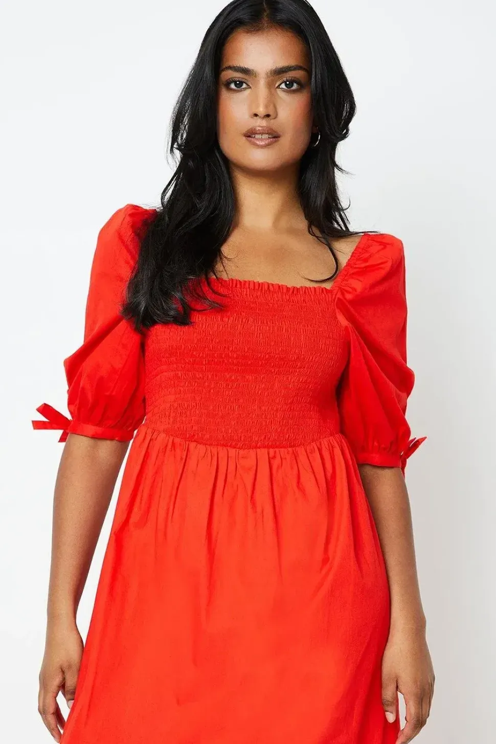 Cotton Poplin Shirred Midi Dress