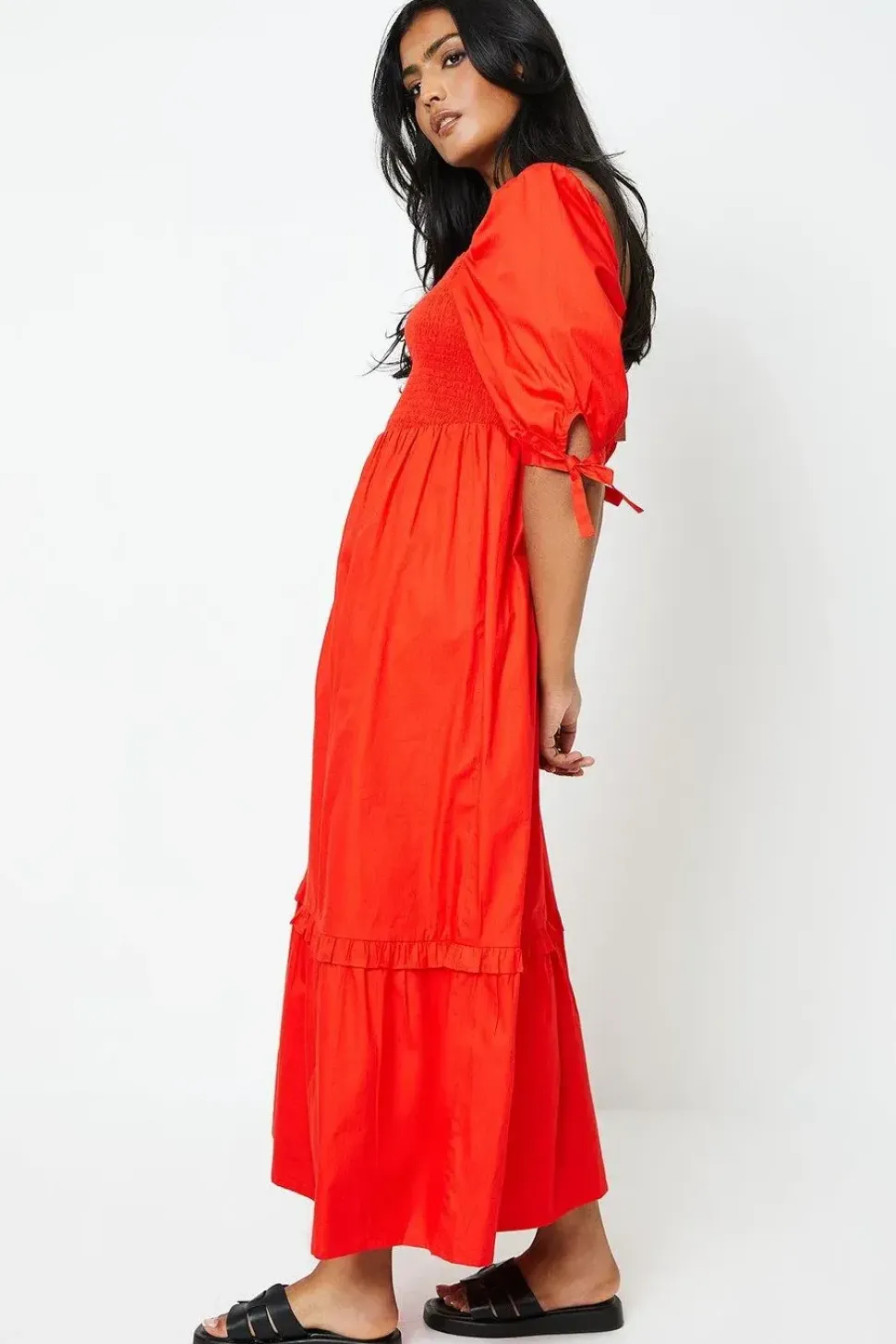 Cotton Poplin Shirred Midi Dress