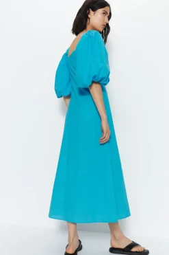 Cotton Puff Sleeve Ruched Bodice Midi Dress