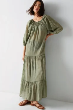 Cotton Ruched Neck Balloon Sleeve Tiered Maxi Beach Dress