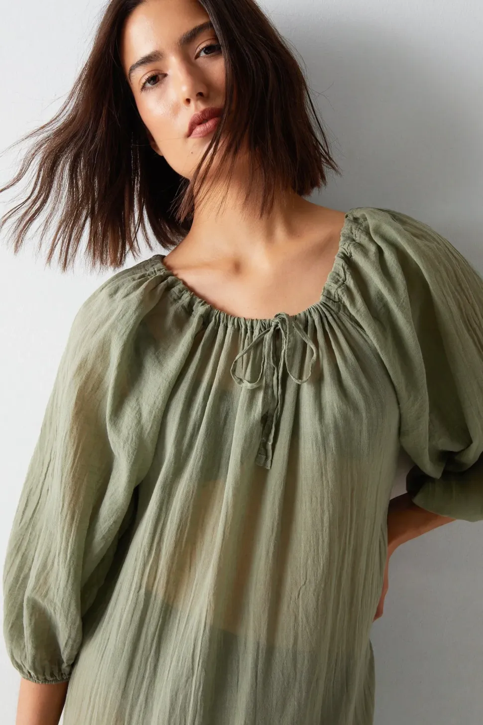 Cotton Ruched Neck Balloon Sleeve Tiered Maxi Beach Dress