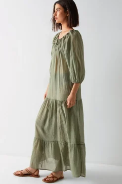 Cotton Ruched Neck Balloon Sleeve Tiered Maxi Beach Dress