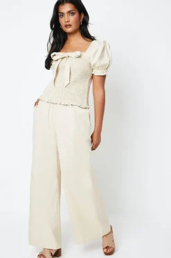 Cotton Shirred Bodice Top With Tie
