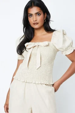 Cotton Shirred Bodice Top With Tie