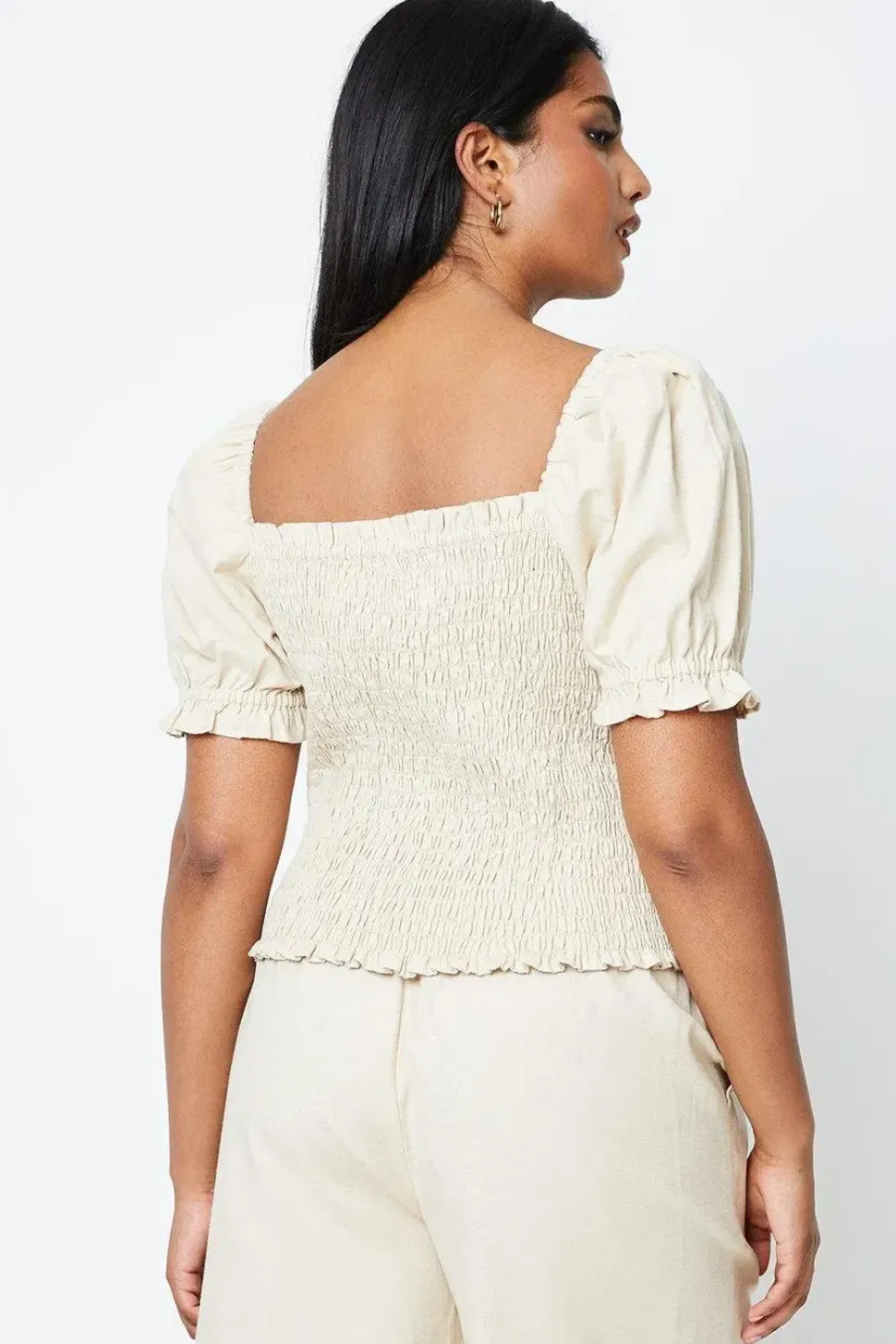 Cotton Shirred Bodice Top With Tie