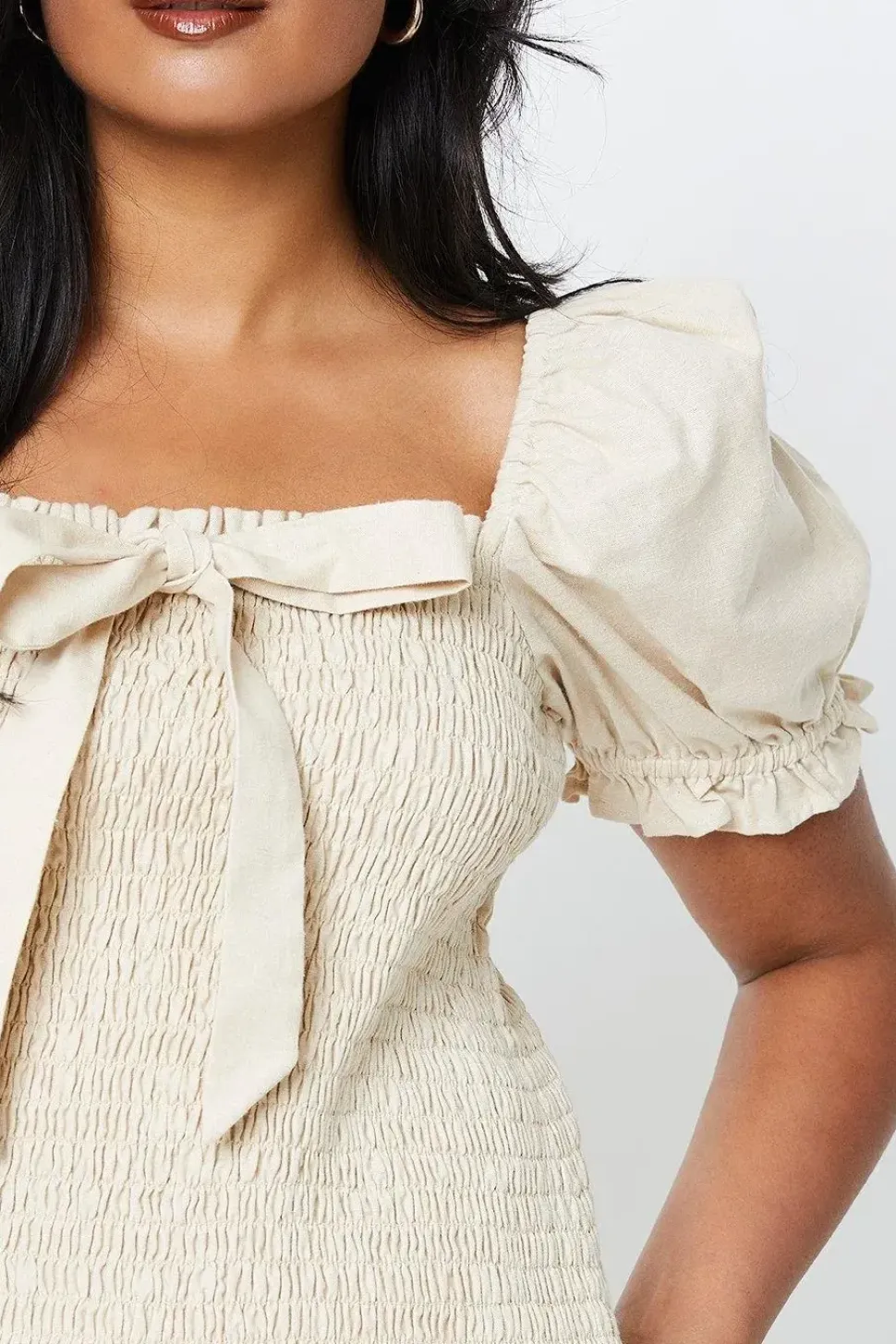 Cotton Shirred Bodice Top With Tie