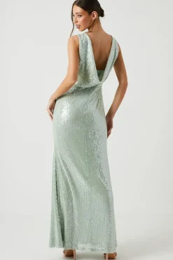 Cowl Back Sheer Sequin Bridesmaid Dress