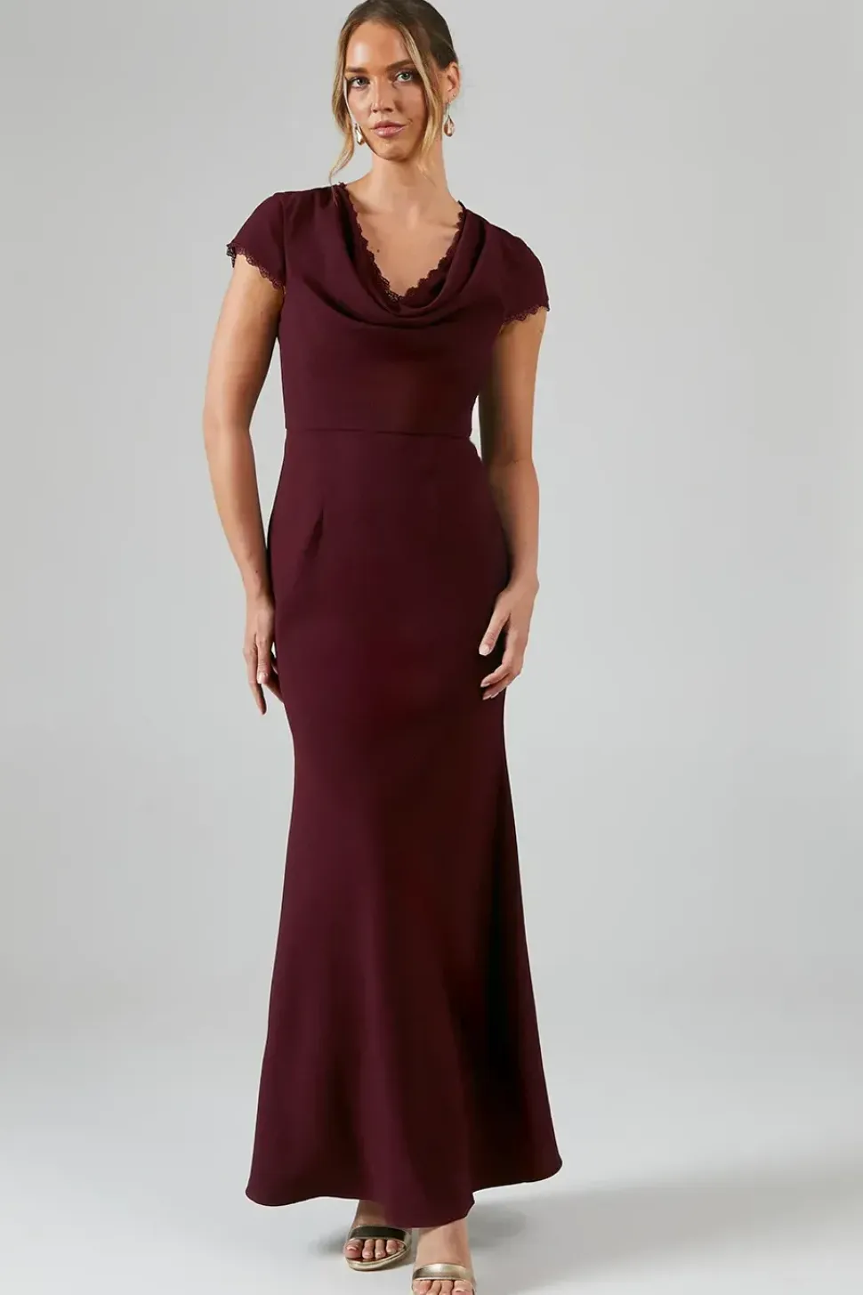 Cowl Front Lace Trim Maxi Bridesmaid Dress