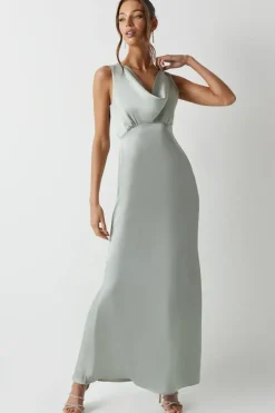 Cowl Front Satin Fishtail Bridesmaids Maxi Dress