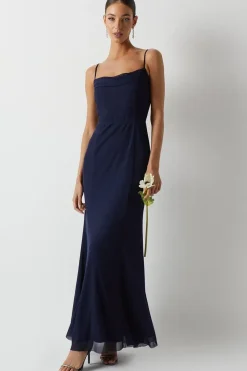 Cowl Front Stretch Mesh Bridesmaid Maxi Dress