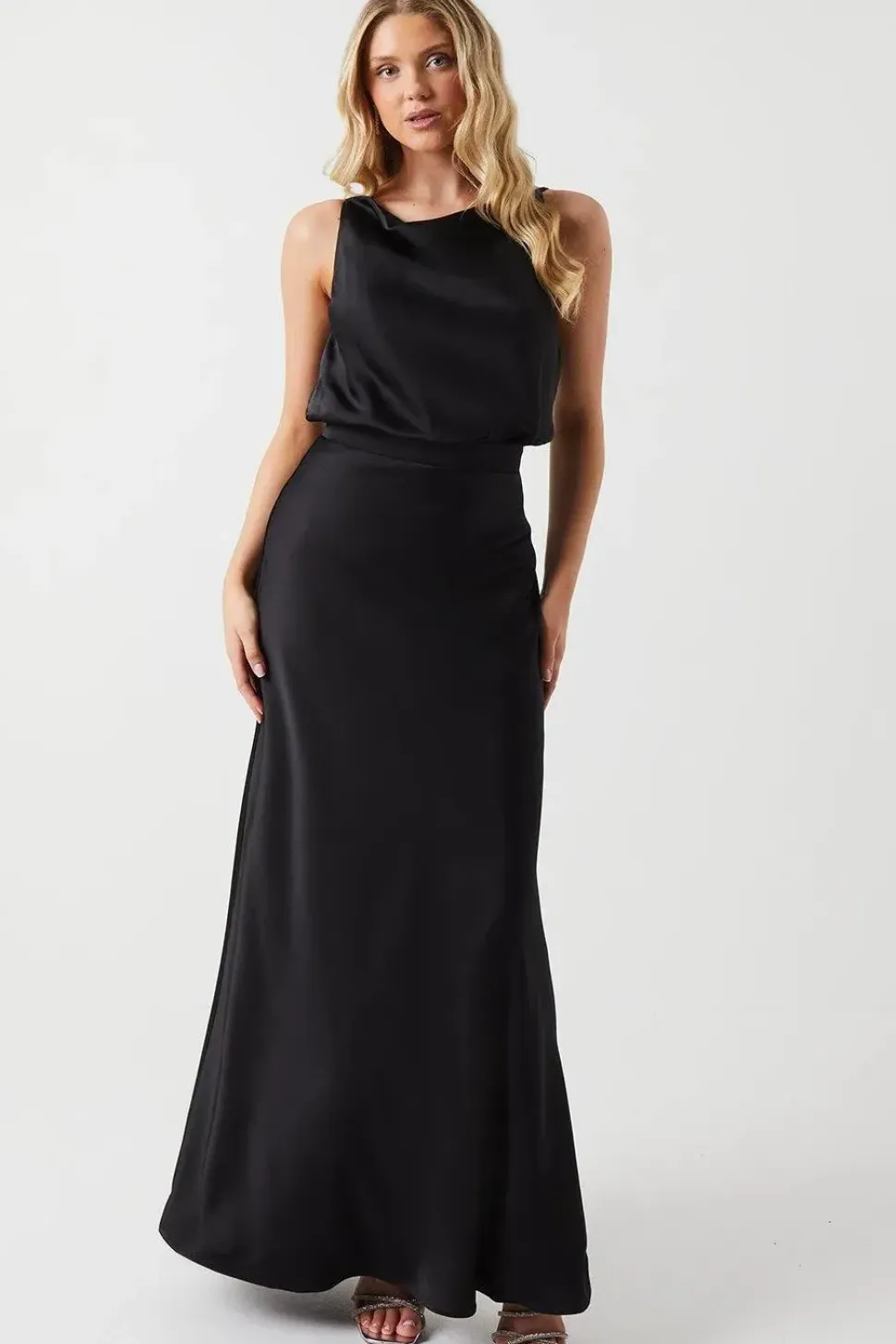 Cowl Neck Blouson Satin Bridesmaids Dress