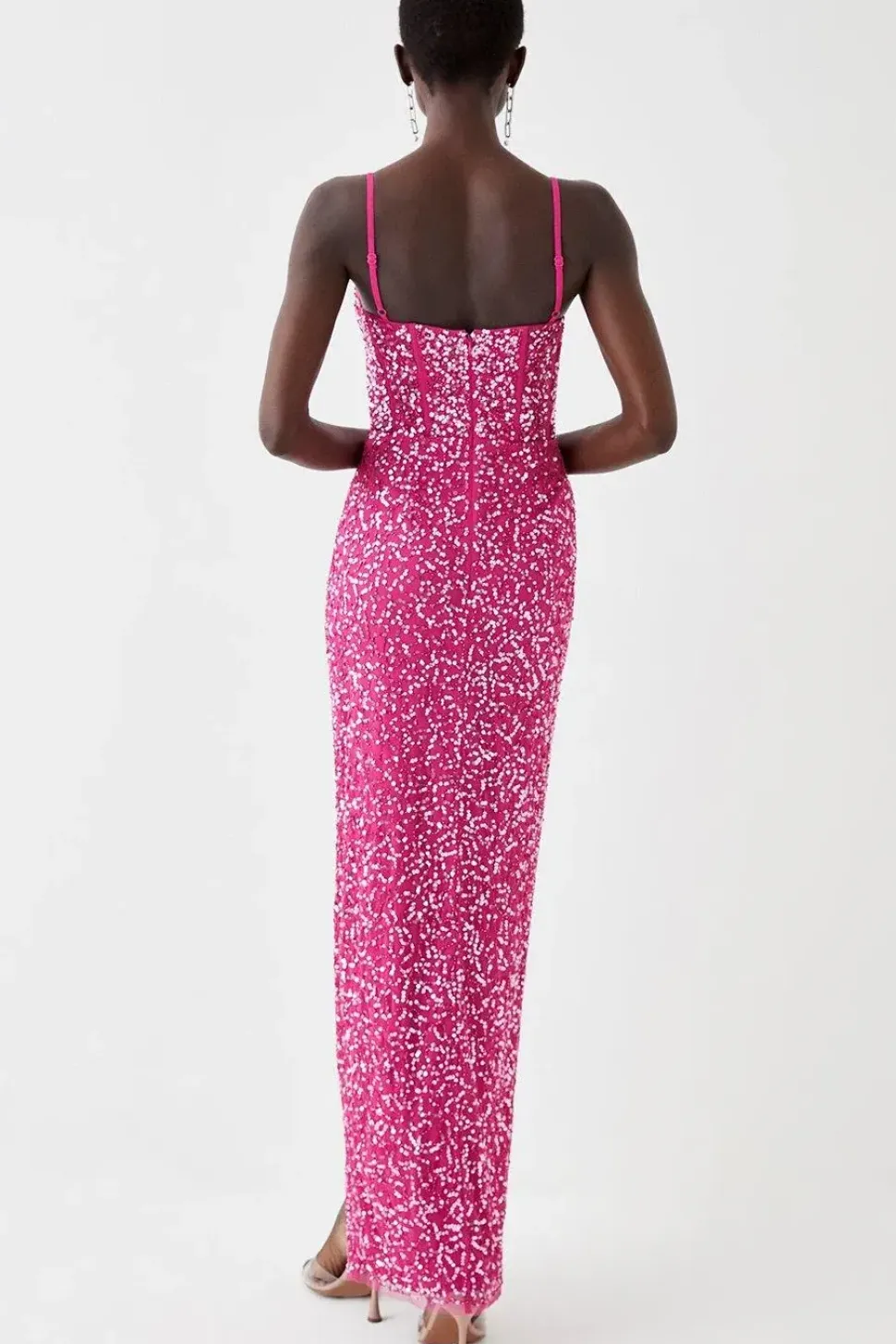 Cowl Neck Corset Bodice Sequin Maxi Dress