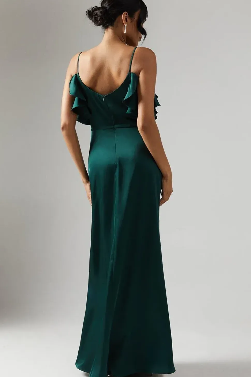 Cowl Neck Ruffle Detail Satin Bridesmaid Dress