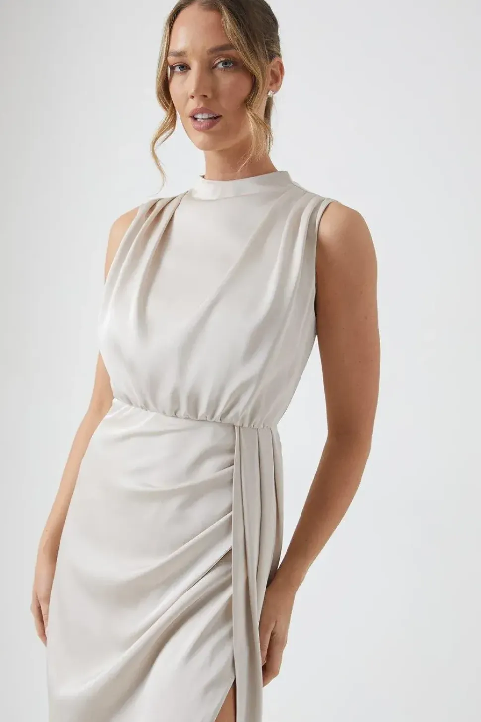 Cowl Neck Sash Satin Bridesmaid Dress