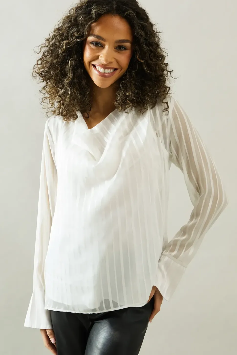 Cowl Neck Shadow Stripe Collared Blouse