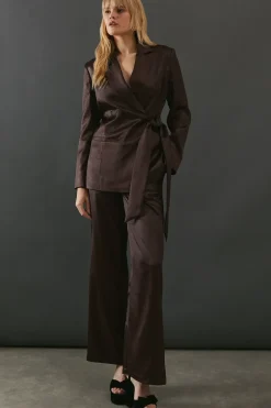 Crackled Satin High Waisted Wide Leg Trouser