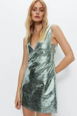 Crackle Faux Leather Mini Shift Dress