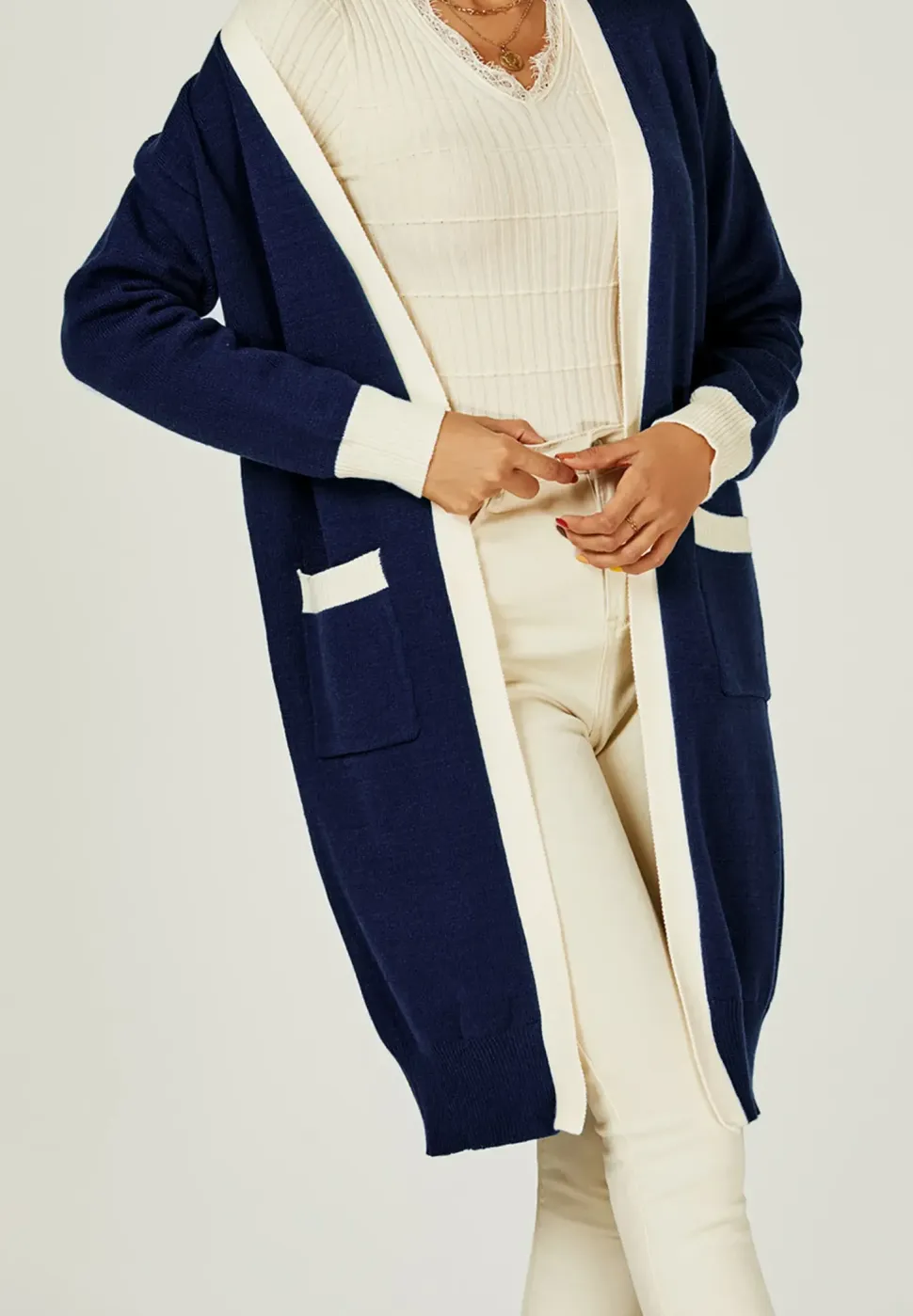 Cream Stripe Cardigan In Navy