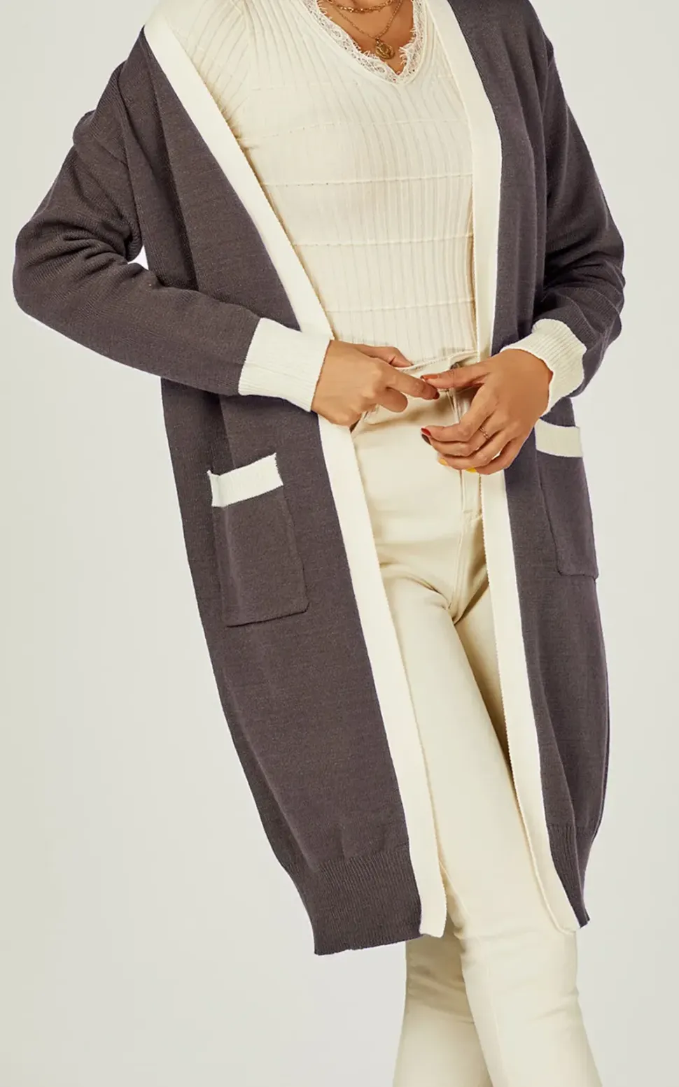 Cream Stripe Cardigan In Taupe