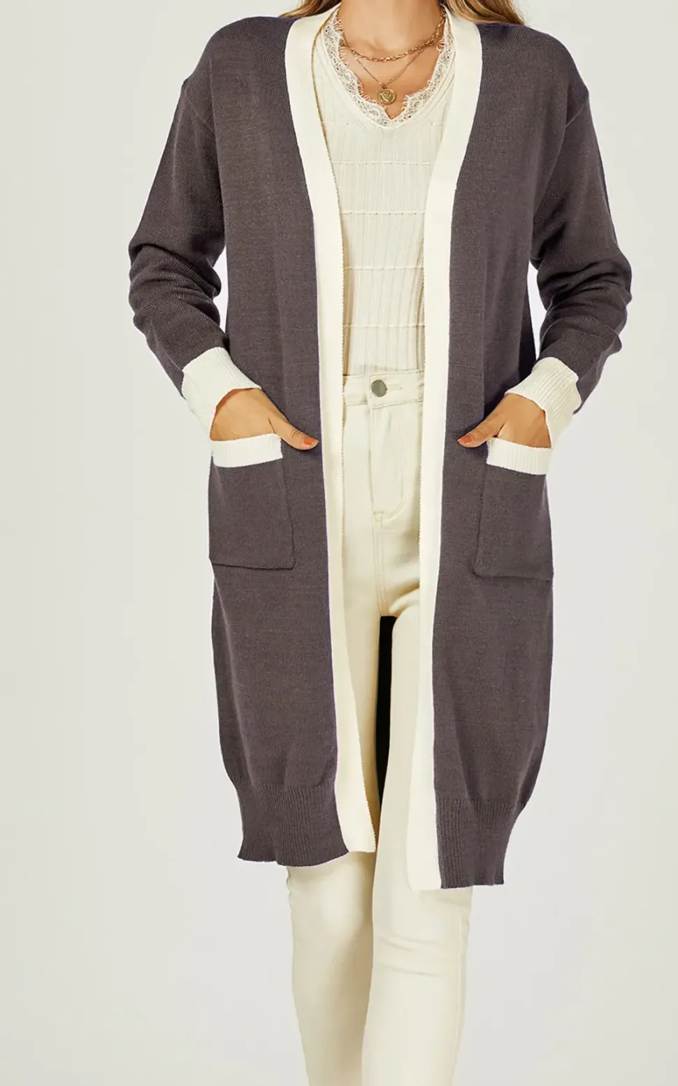 Cream Stripe Cardigan In Taupe