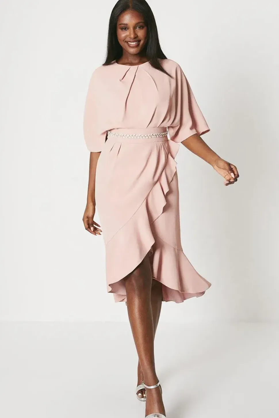 Crepe Frill Wrap Dress With Pearl Waist