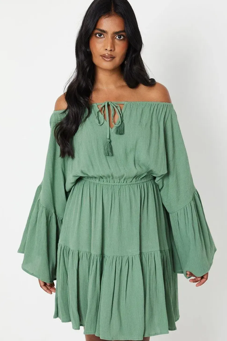 Crinkle Bardot Tassel Front Tiered Mini Dress