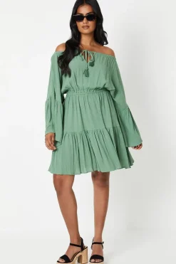 Crinkle Bardot Tassel Front Tiered Mini Dress