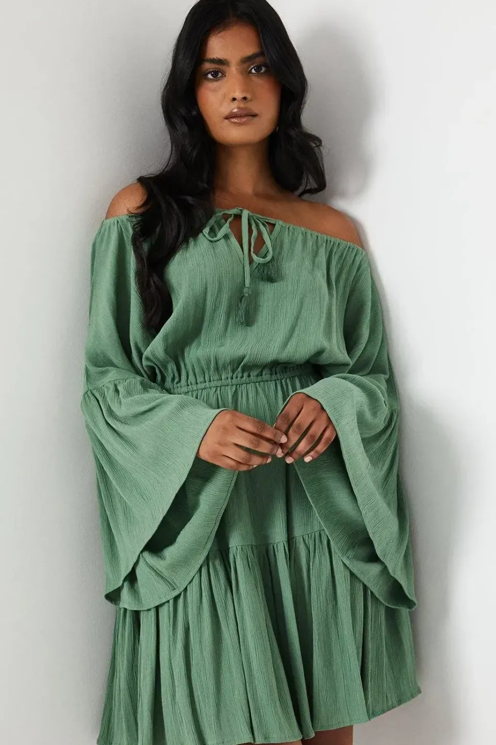 Crinkle Bardot Tassel Front Tiered Mini Dress