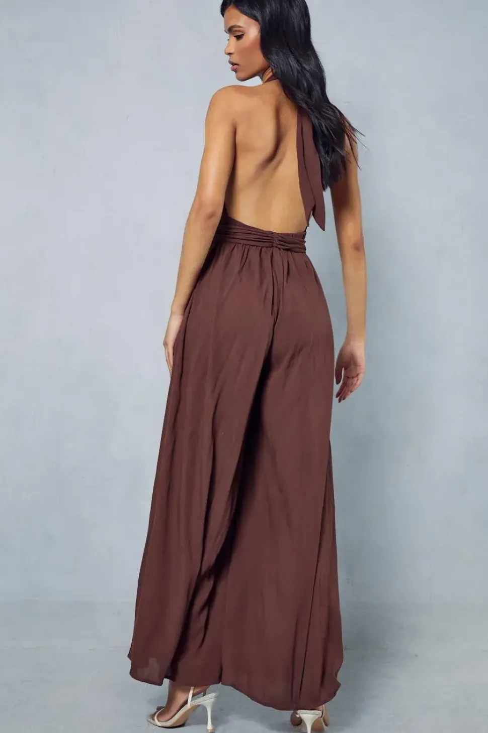 Crinkle Belted Waist Halterneck Backless Wide Leg Jumpsuit