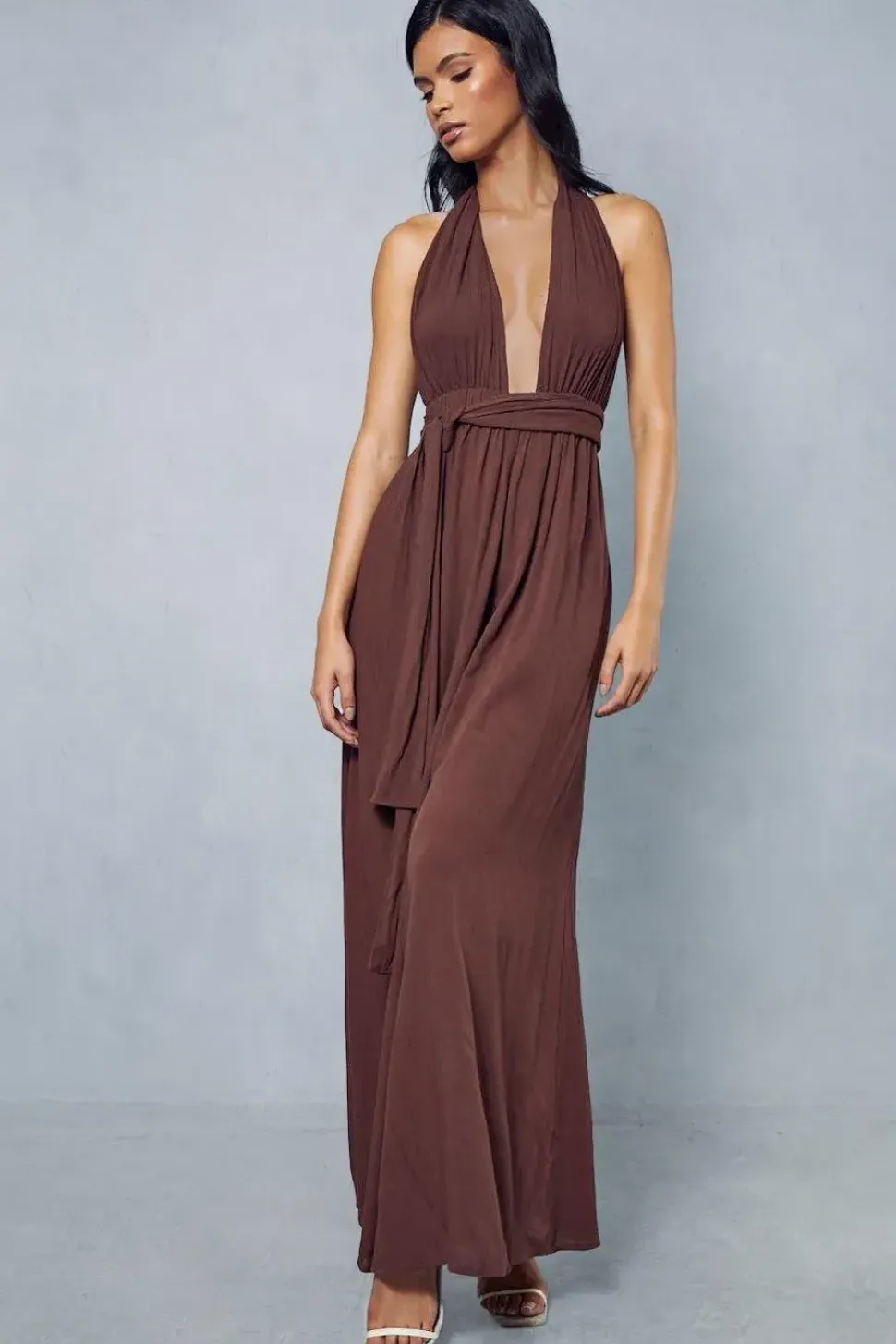 Crinkle Belted Waist Halterneck Backless Wide Leg Jumpsuit