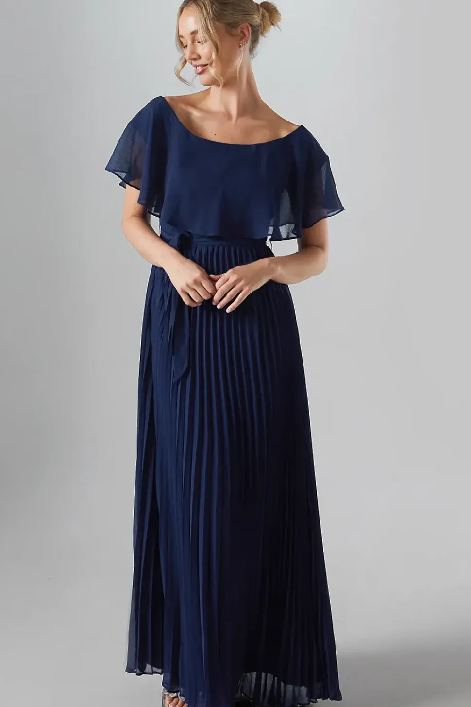 Crinkle Chiffon Bardot Bridesmaid Maxi Dress