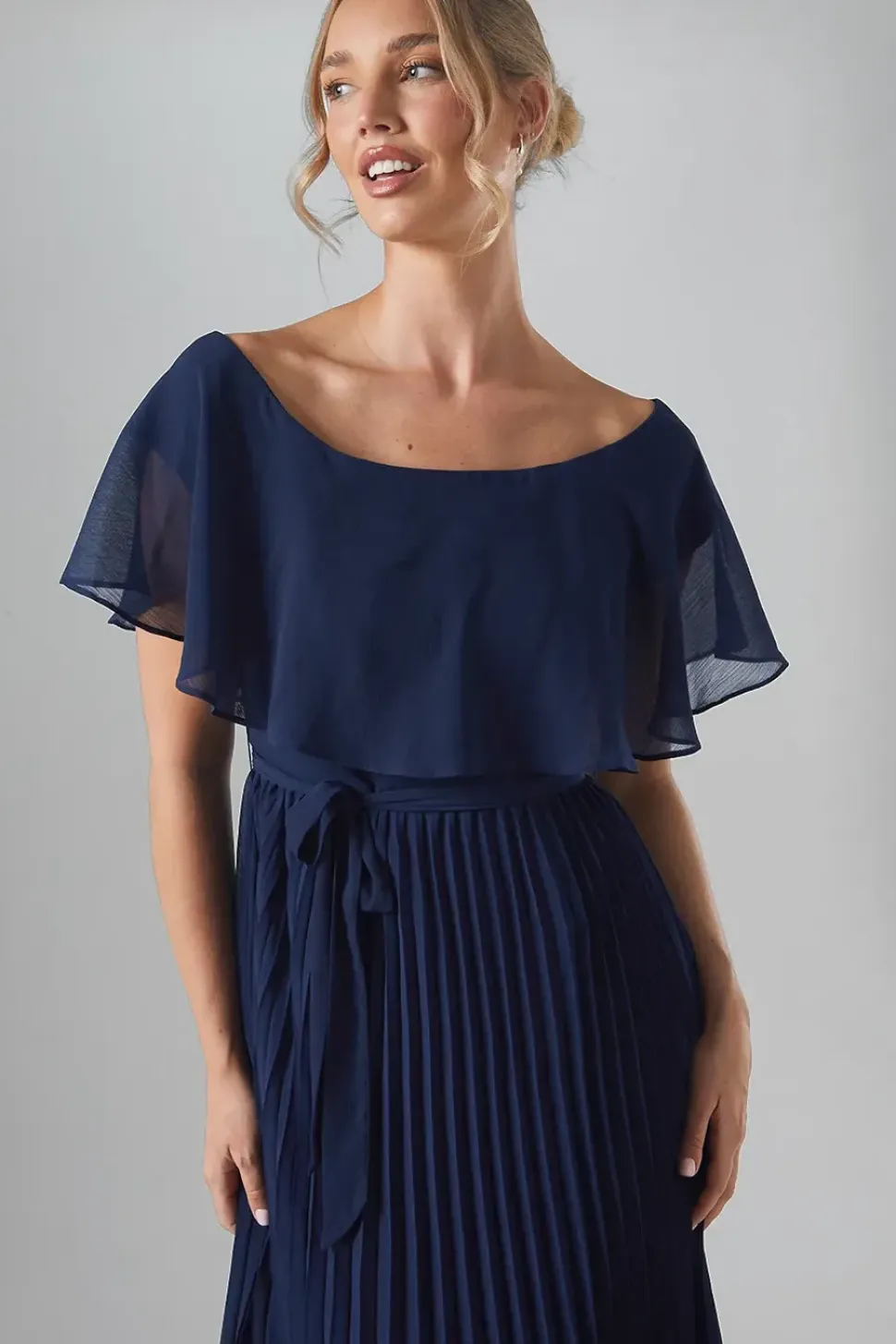 Crinkle Chiffon Bardot Bridesmaid Maxi Dress