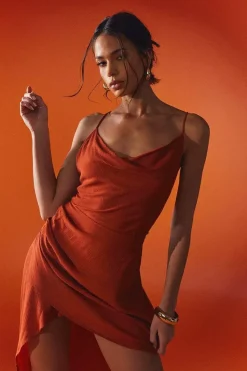 Crinkle Cowl Neck Asymmetric Strappy Back Midi Dress