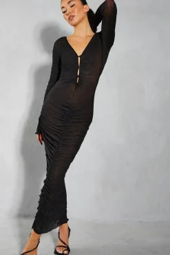 Crinkle Mesh Button Down Long Sleeve Ruched Midaxi Dress