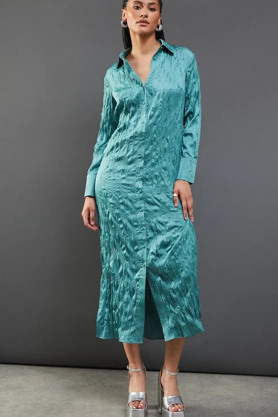 Crinkle Satin Oversized Midi Shirt Dress