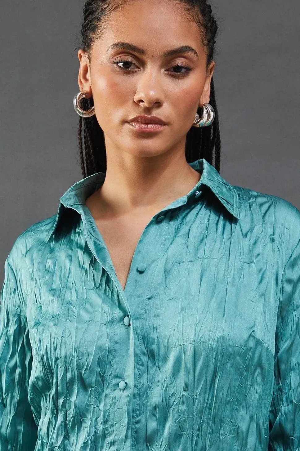 Crinkle Satin Oversized Midi Shirt Dress
