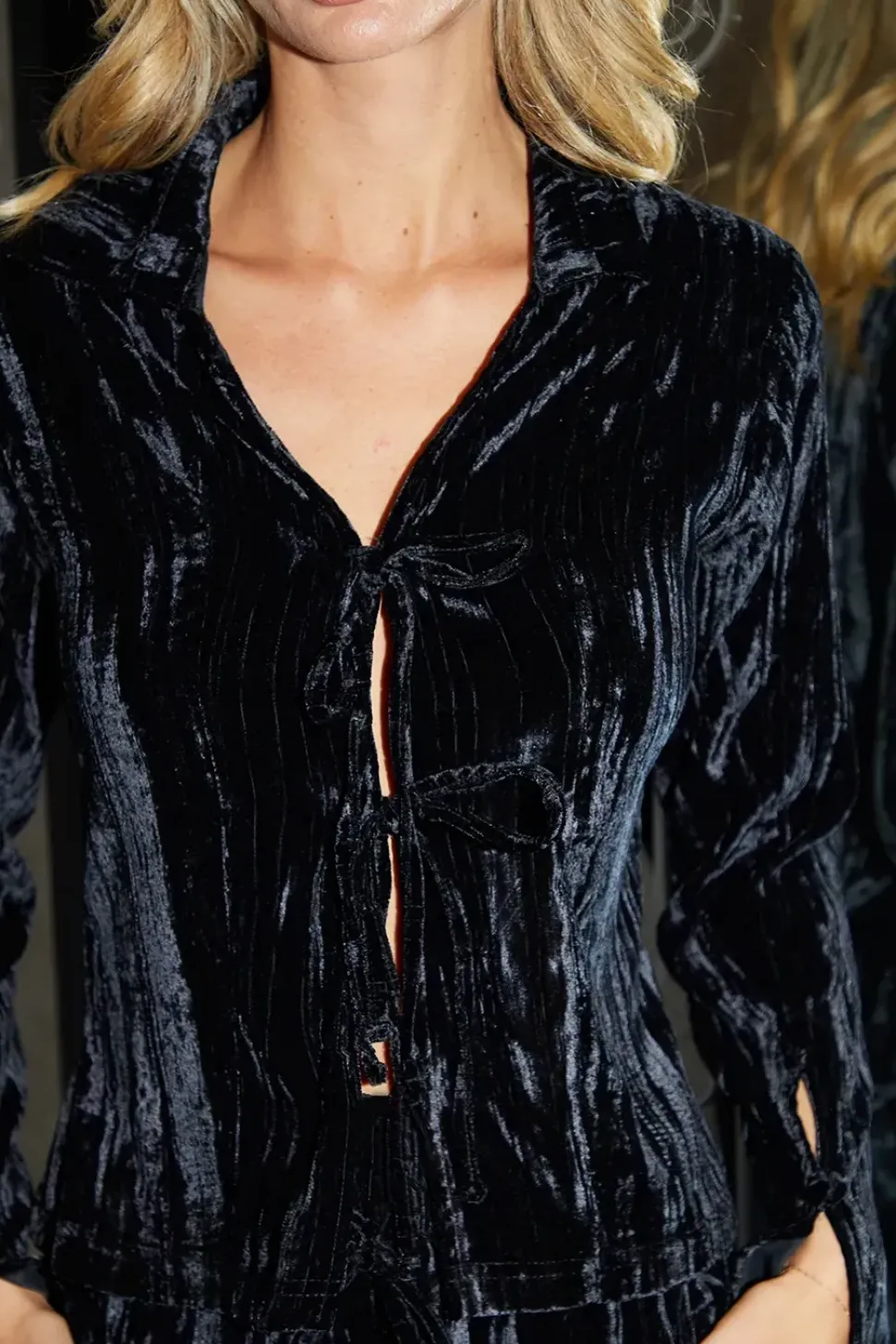 Crinkle Velvet Tie Front Shirt