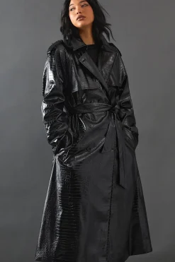 Croc Faux Leather Belted Trench Coat