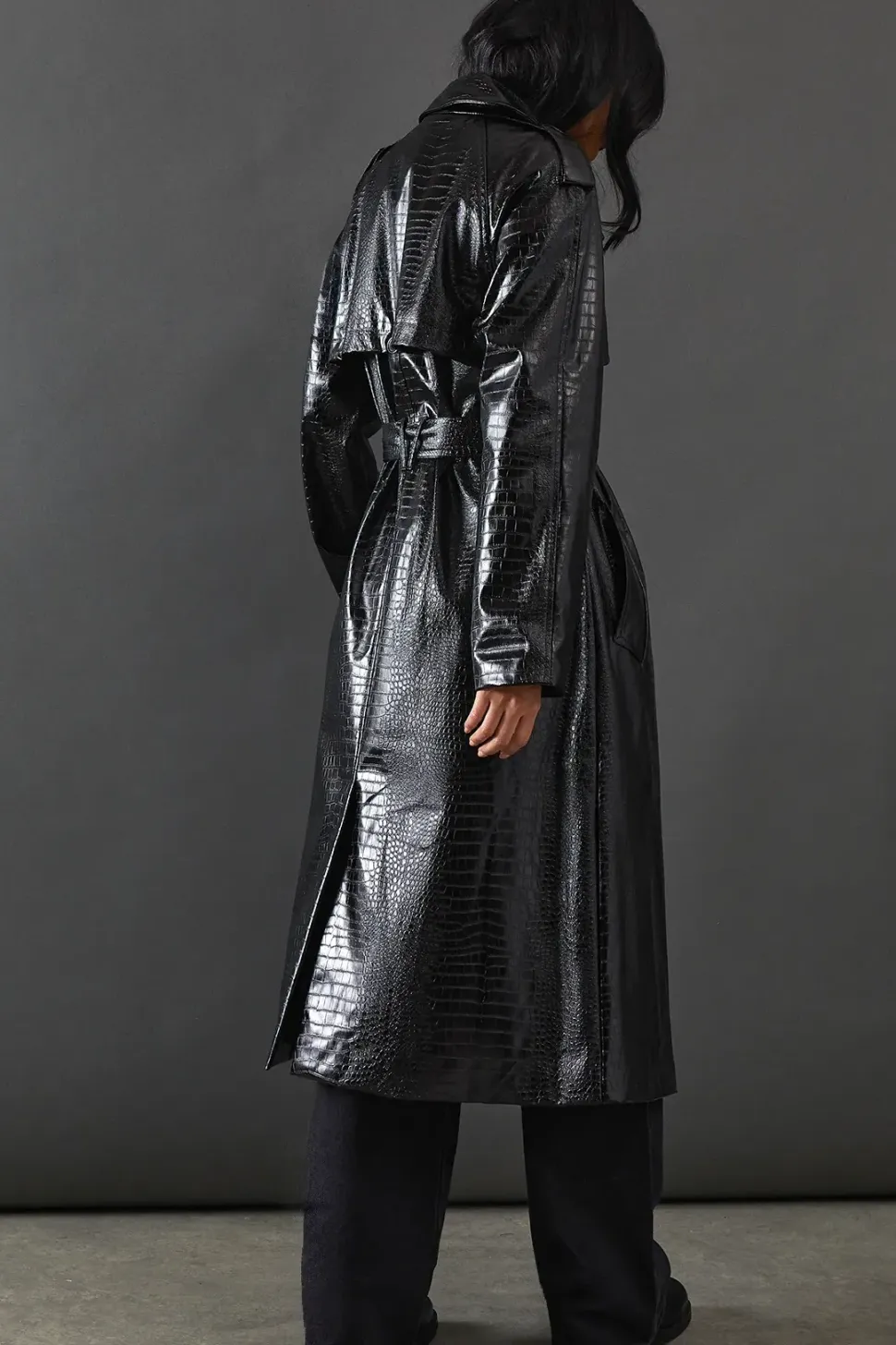 Croc Faux Leather Belted Trench Coat