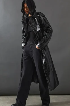 Croc Faux Leather Belted Trench Coat