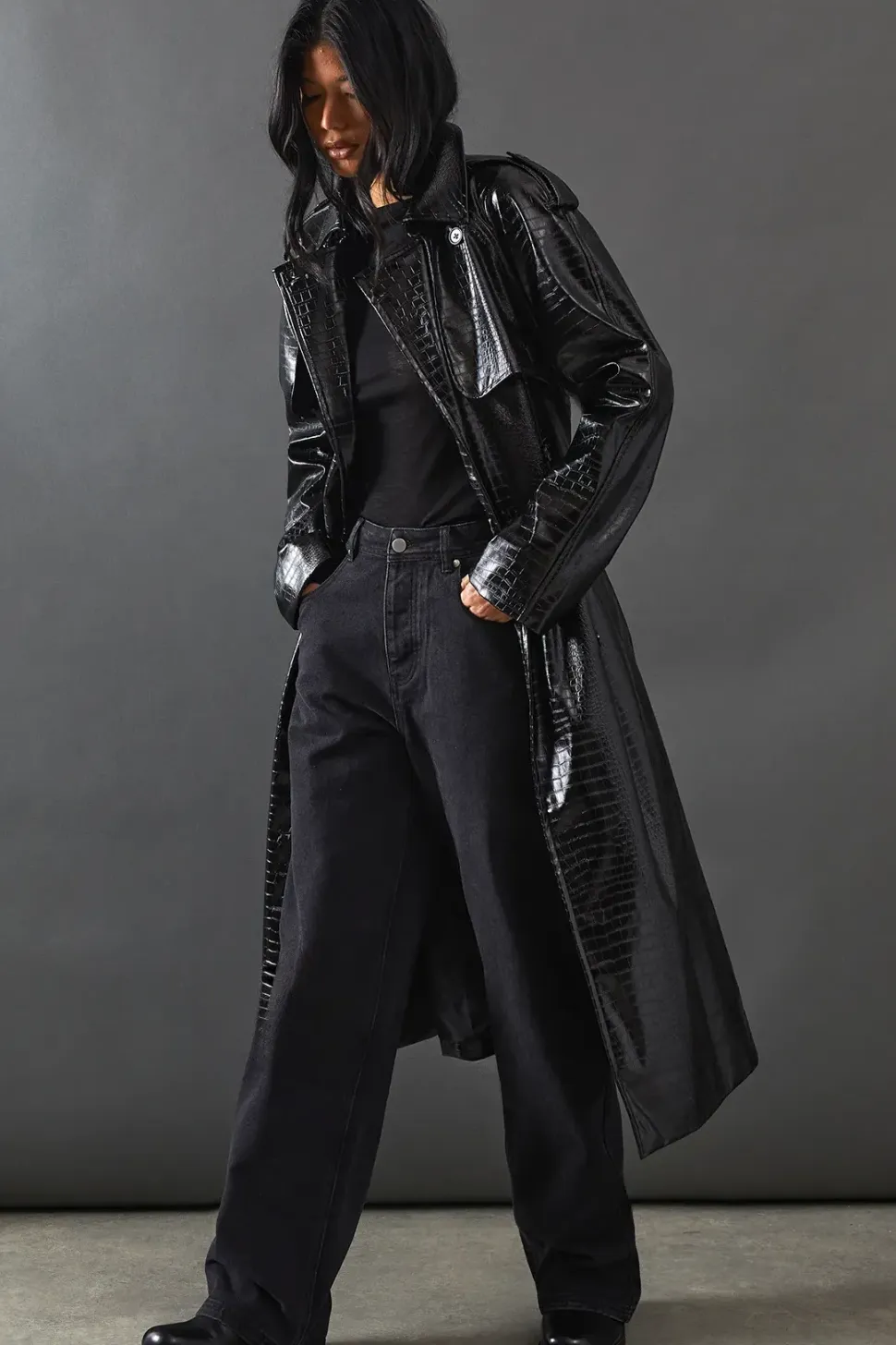 Croc Faux Leather Belted Trench Coat