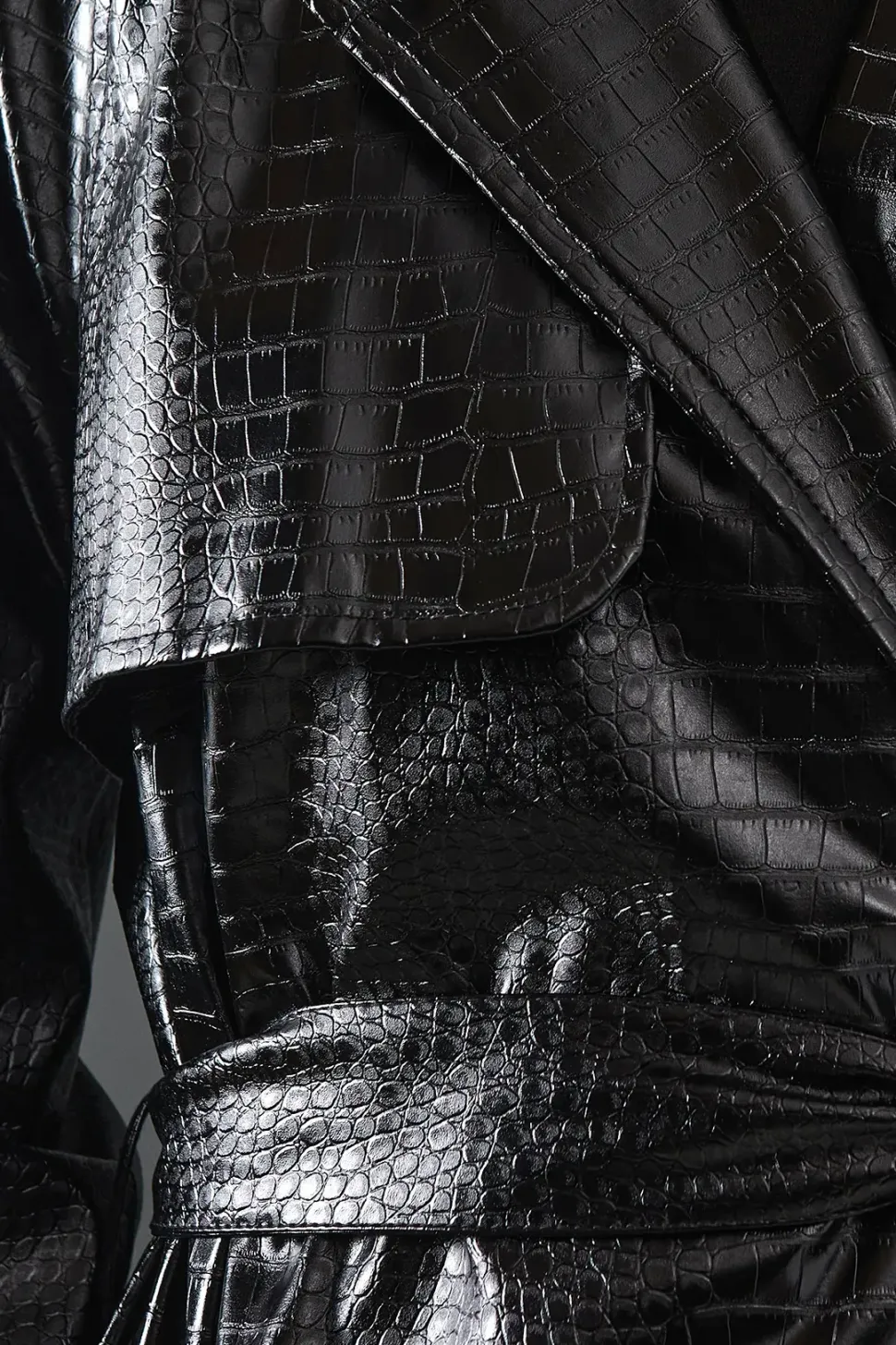 Croc Faux Leather Belted Trench Coat